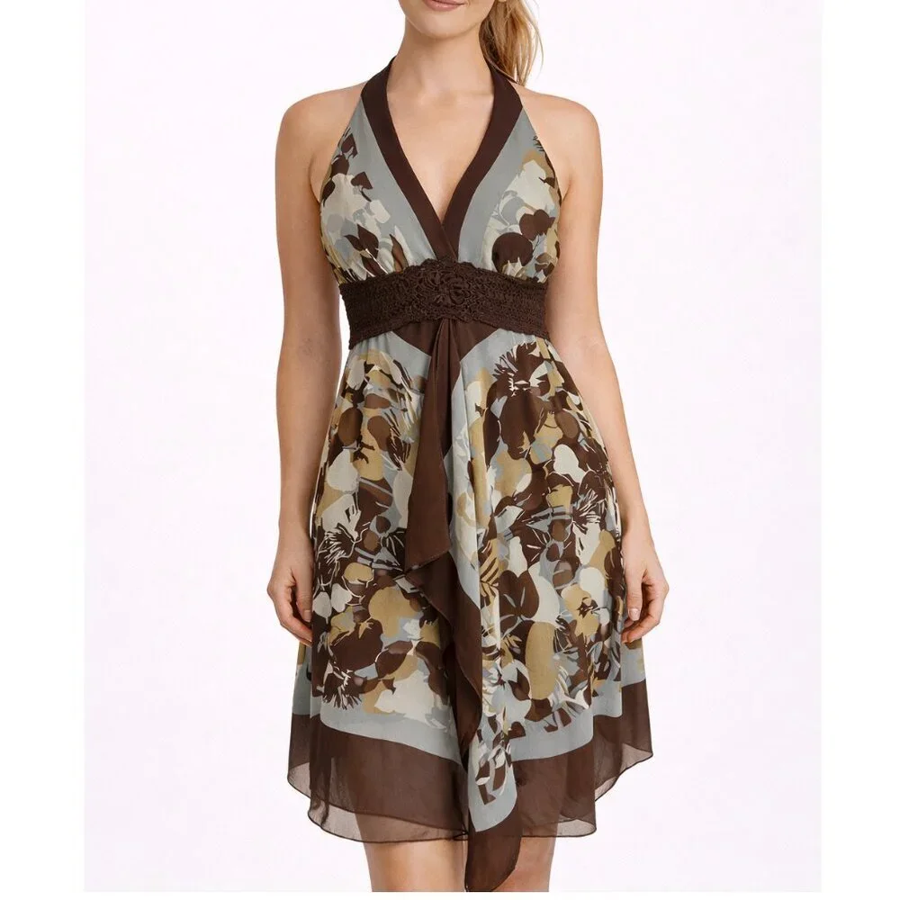 BCBGMaxAzria | Dresses | Bcbg Max Azria 0 Silk Halter Dress Brown Floral  Womens Size 4 | Poshmark